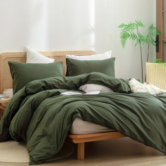 Duvet Cover Set 100% Washed Cotton Linen Feel Comfortable Lightweight 3PCs green - Picture 1 of 5